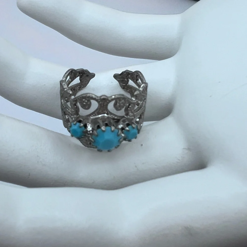 5/$25 Boho Filigree Adjustable Ring - Black Metal & Blue Accents